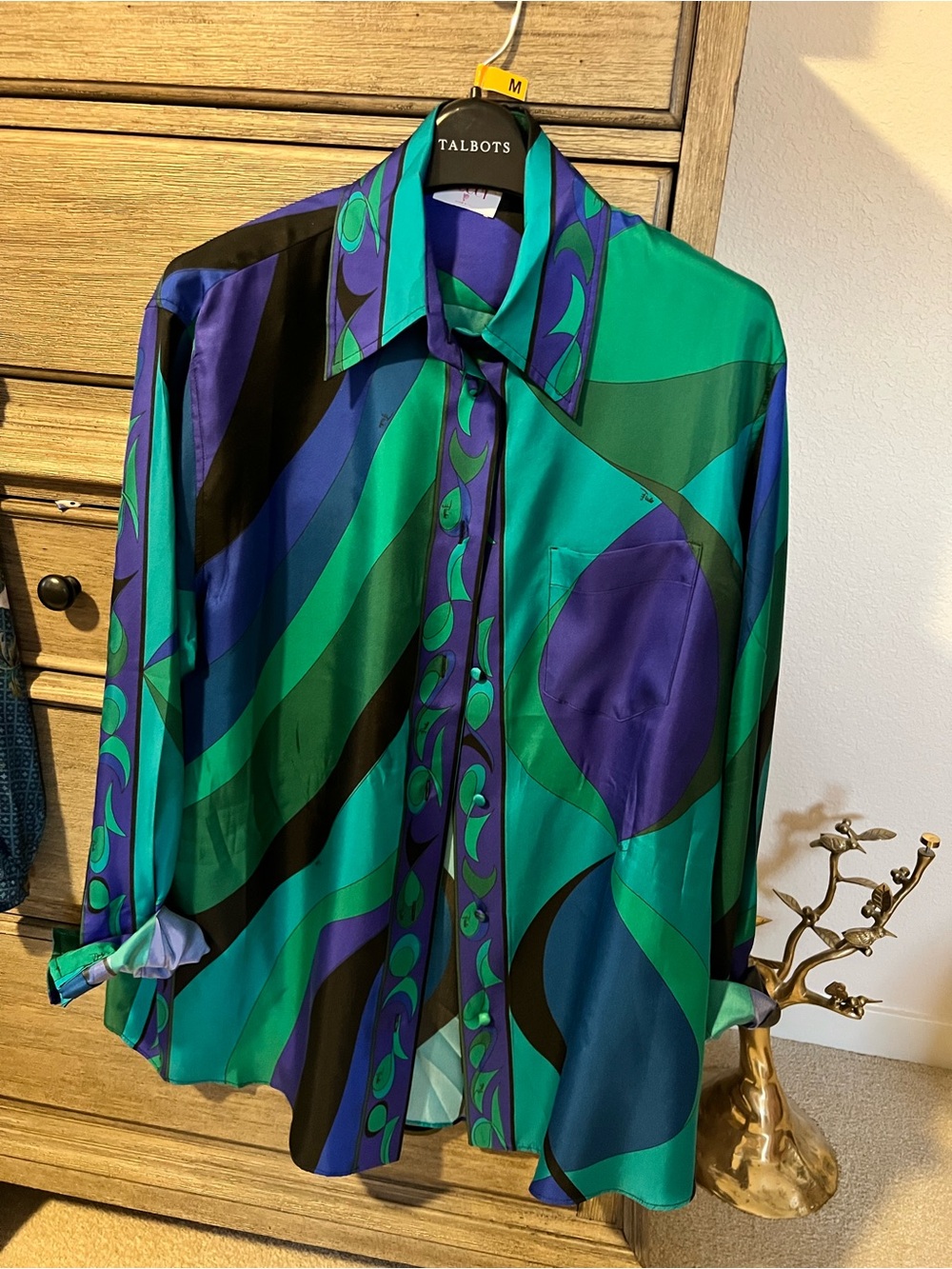 Emilio Pucci Teal, Blue & Black Abstract Silk Button-Up Shirt